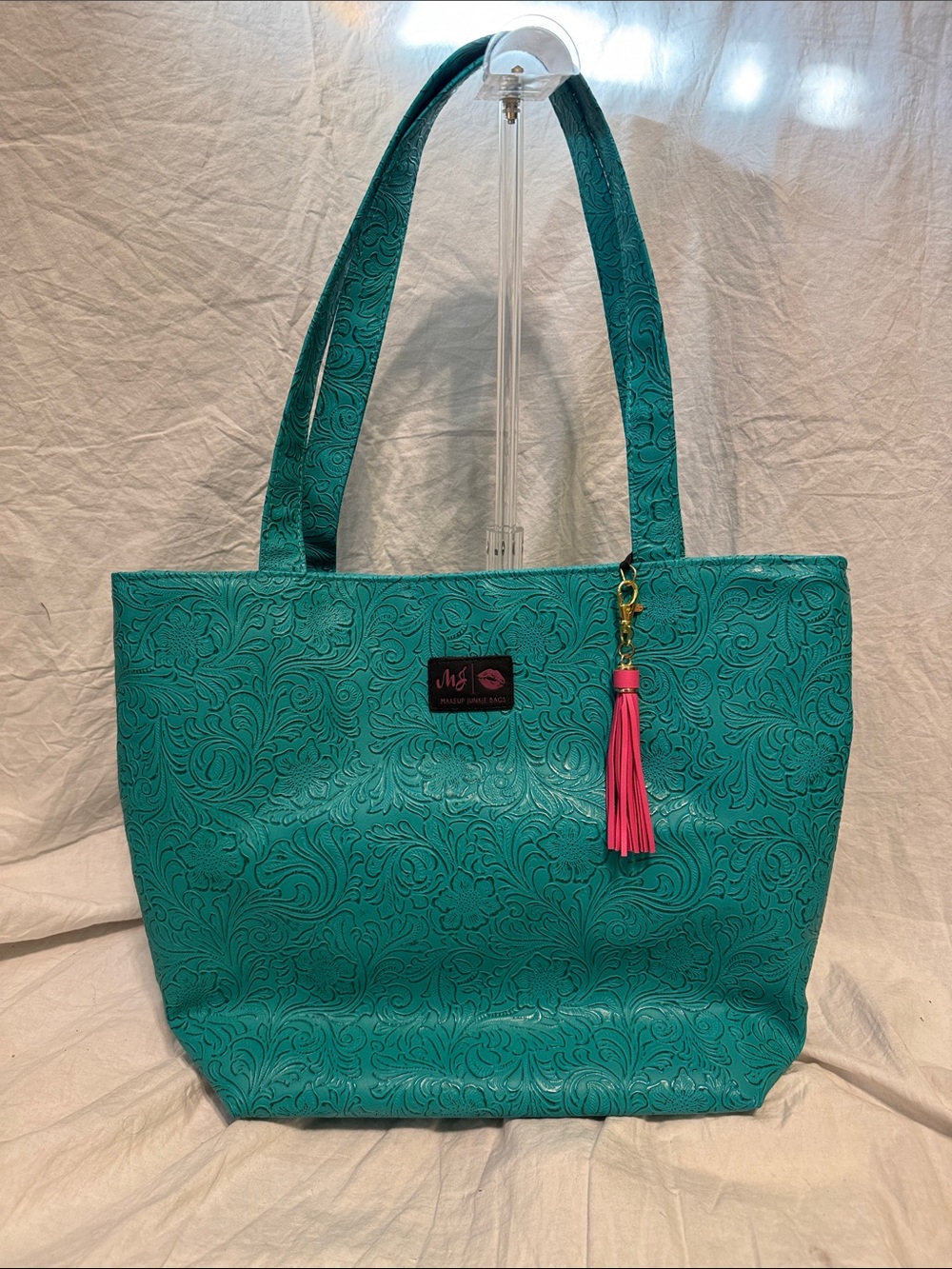 Teal Embossed Tote with Pink Tassel - Unbranded